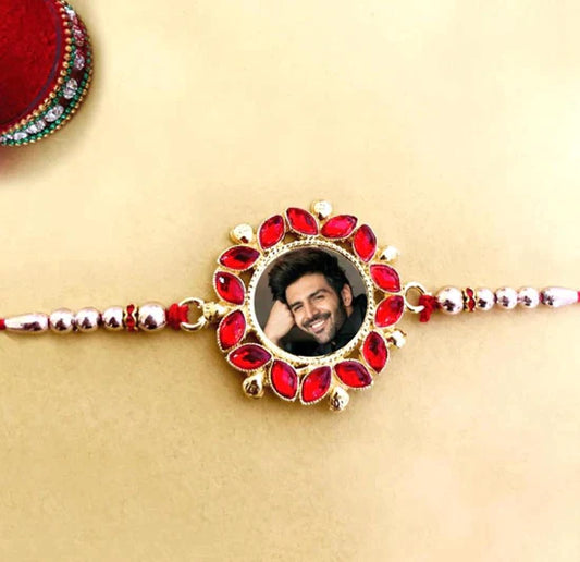 Personalised Red Stone Round Shape Photo Rakhi - Premium Rakhi from TheGiftBays - Just ₹249! Shop now at TheGiftBays