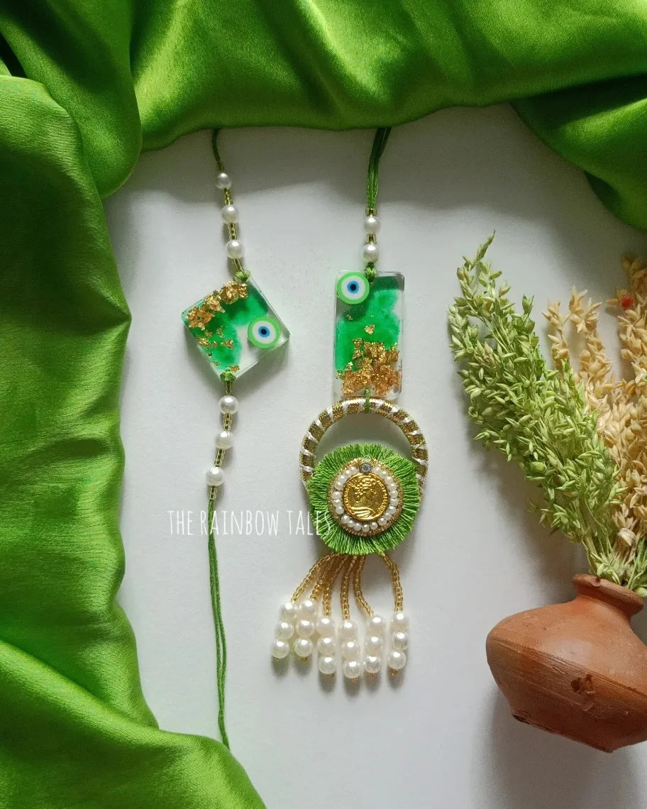 Green Color Resin Lumba Rakhi For Bhaiya And Bhabhi - Premium Rakhi from TheGiftBays - Just ₹400! Shop now at TheGiftBays