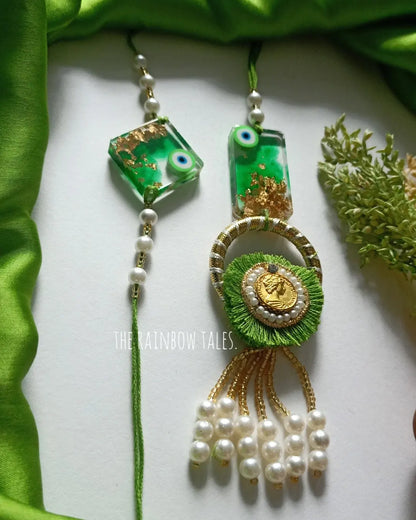 Green Color Resin Lumba Rakhi For Bhaiya And Bhabhi - Premium Rakhi from TheGiftBays - Just ₹400! Shop now at TheGiftBays